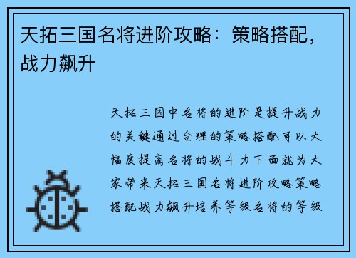 天拓三国名将进阶攻略：策略搭配，战力飙升