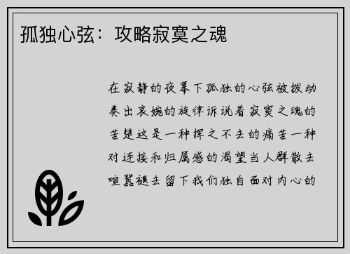 孤独心弦：攻略寂寞之魂
