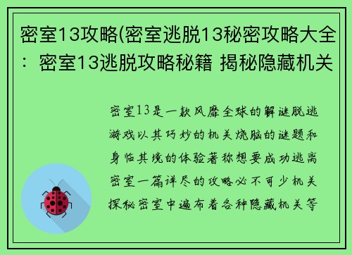 密室13攻略(密室逃脱13秘密攻略大全：密室13逃脱攻略秘籍 揭秘隐藏机关线索)