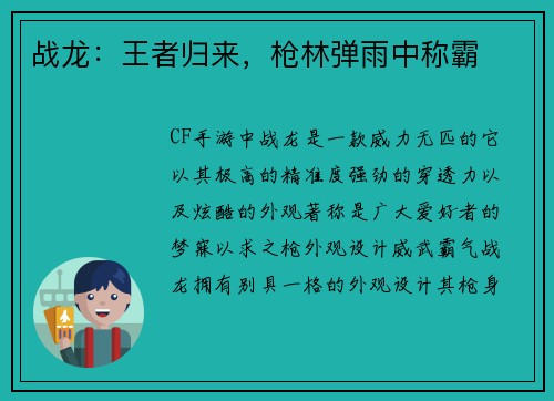 战龙：王者归来，枪林弹雨中称霸
