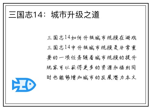 三国志14：城市升级之道